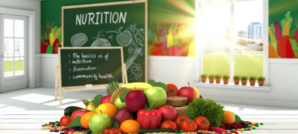 Mesa colorida com frutas e verduras simbolizando a nutrição e sua importância para saúde pública.