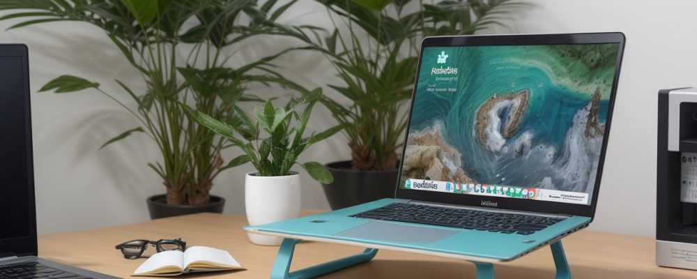 Mesa de trabalho em escritório público com documentos orçamentários e laptop moderno, simbolizando gestão orçamentária.