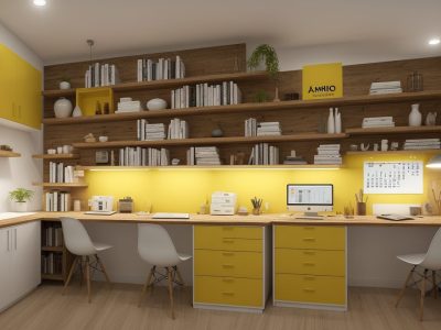 Mesa de trabalho iluminada com computador, lista de tarefas, calendário e xícara de café, simbolizando organização e produtividade.