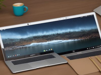 Uma mesa de trabalho moderna com laptop exibindo LibreOffice, cercada por canetas coloridas e café.