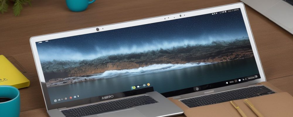 Uma mesa de trabalho moderna com laptop exibindo LibreOffice, cercada por canetas coloridas e café.