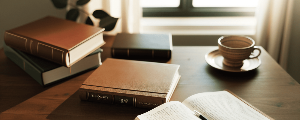 Mesa de trabalho com livros de teologia e anotações reflexivas, iluminada pela luz da manhã.