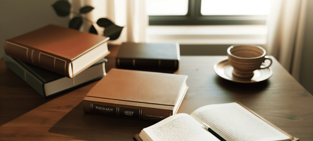 Mesa de trabalho com livros de teologia e anotações reflexivas, iluminada pela luz da manhã.