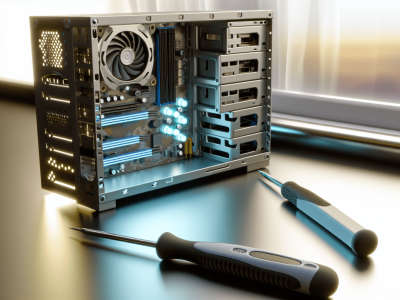 Mesa organizada com computador montado, componentes internos e ferramentas essenciais para montagem e manutenção de microcomputadores