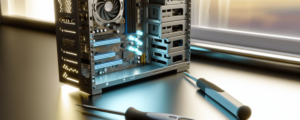 Mesa organizada com computador montado, componentes internos e ferramentas essenciais para montagem e manutenção de microcomputadores