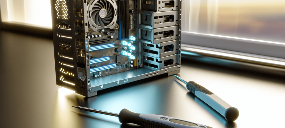 Mesa organizada com computador montado, componentes internos e ferramentas essenciais para montagem e manutenção de microcomputadores