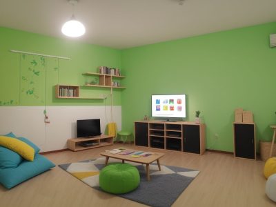 Sala de aula moderna com alunos participando de atividades interativas e jogos educativos sob iluminação acolhedora