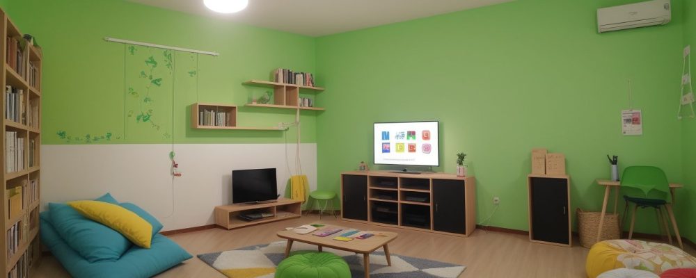 Sala de aula moderna com alunos participando de atividades interativas e jogos educativos sob iluminação acolhedora