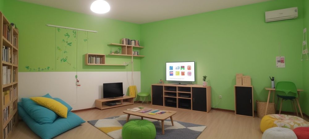 Sala de aula moderna com alunos participando de atividades interativas e jogos educativos sob iluminação acolhedora