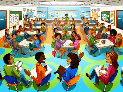 Estudantes engajados em metodologias ativas em uma sala de aula moderna e vibrante.