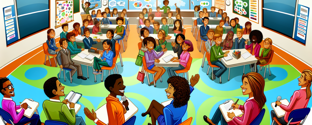 Estudantes engajados em metodologias ativas em uma sala de aula moderna e vibrante.