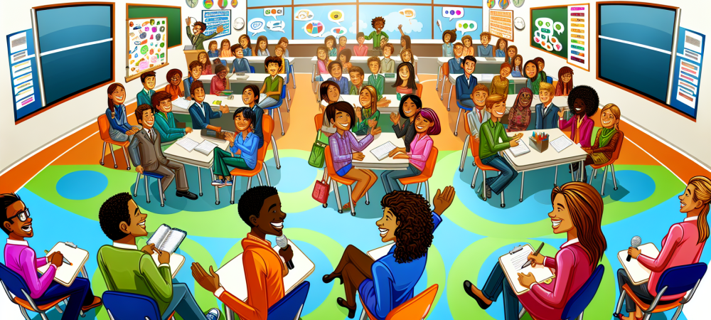 Estudantes engajados em metodologias ativas em uma sala de aula moderna e vibrante.