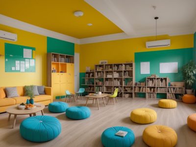 Sala de aula vibrante com alunos participando de jogos educativos em painel interativo, refletindo metodologias ativas.