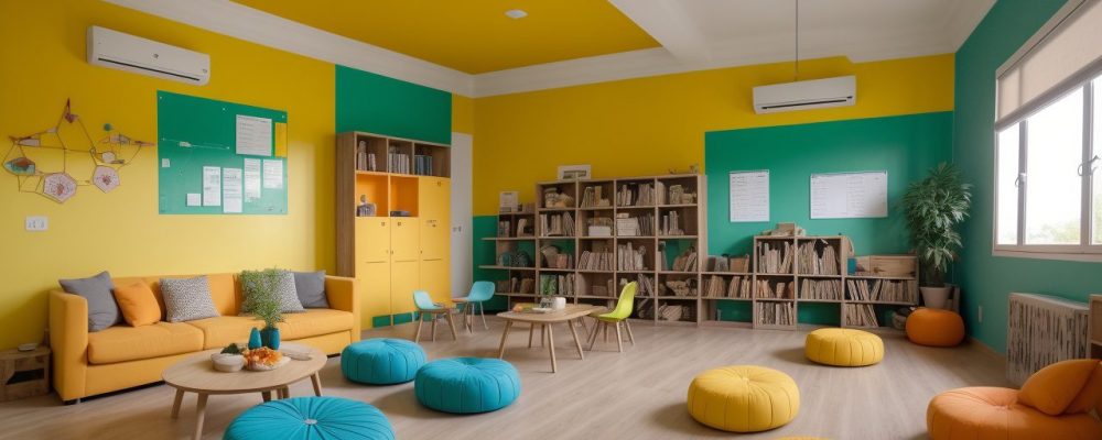 Sala de aula vibrante com alunos participando de jogos educativos em painel interativo, refletindo metodologias ativas.