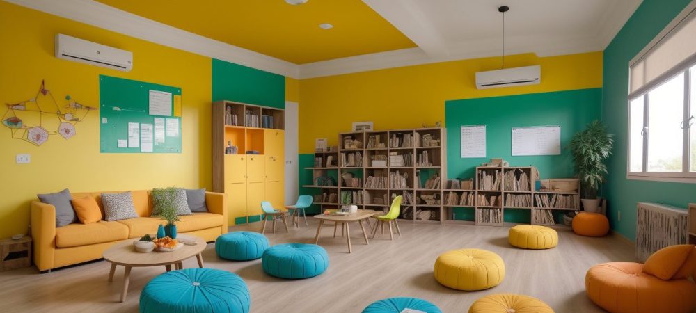 Sala de aula vibrante com alunos participando de jogos educativos em painel interativo, refletindo metodologias ativas.