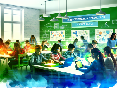 Sala de aula com alunos engajados em atividades colaborativas usando dispositivos digitais e materiais interativos.