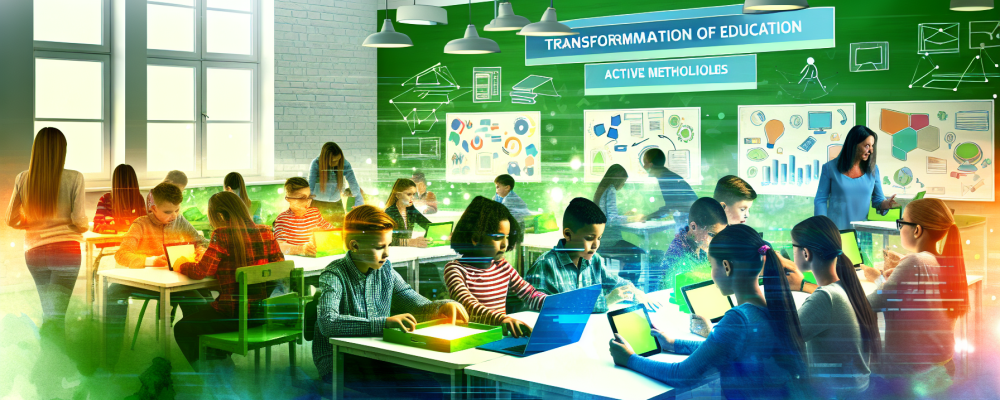 Sala de aula com alunos engajados em atividades colaborativas usando dispositivos digitais e materiais interativos.