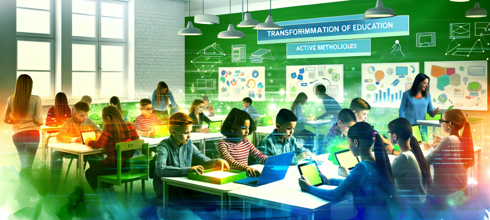 Sala de aula com alunos engajados em atividades colaborativas usando dispositivos digitais e materiais interativos.