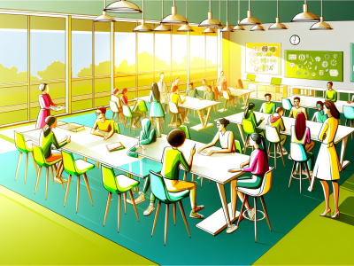 Alunos participando ativamente em sala de aula moderna, com professor como facilitador, sob luz natural.