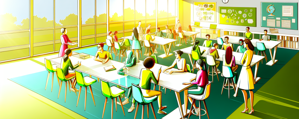 Alunos participando ativamente em sala de aula moderna, com professor como facilitador, sob luz natural.