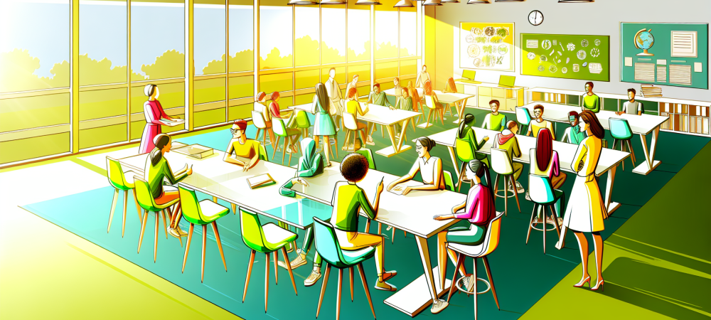 Alunos participando ativamente em sala de aula moderna, com professor como facilitador, sob luz natural.