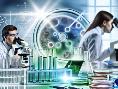 Cientistas em laboratório de microbiologia, analisando amostras e gráficos de aplicações clínicas e ambientais