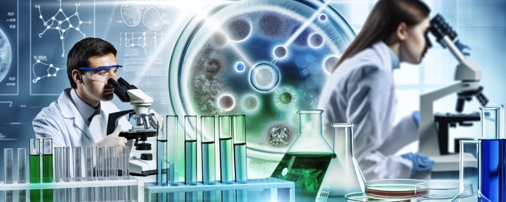 Cientistas em laboratório de microbiologia, analisando amostras e gráficos de aplicações clínicas e ambientais