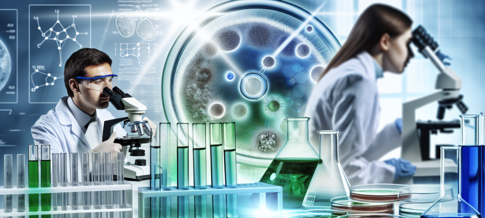 Cientistas em laboratório de microbiologia, analisando amostras e gráficos de aplicações clínicas e ambientais