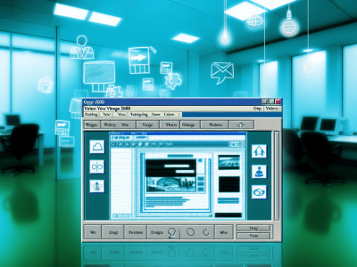 Interface digital do Microsoft FrontPage 2000 mostrando design de site num ambiente moderno e iluminado
