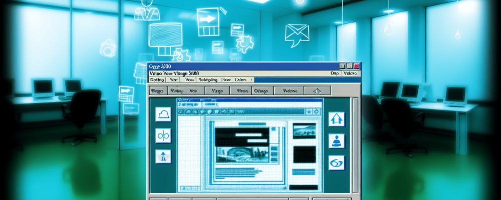 Interface digital do Microsoft FrontPage 2000 mostrando design de site num ambiente moderno e iluminado