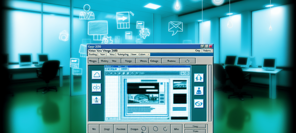 Interface digital do Microsoft FrontPage 2000 mostrando design de site num ambiente moderno e iluminado
