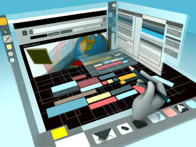 Interface de criação de sites usando Microsoft FrontPage 2000 com editor WYSIWYG, texto e imagens em movimento.