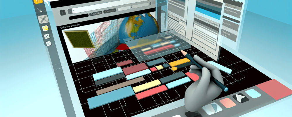 Interface de criação de sites usando Microsoft FrontPage 2000 com editor WYSIWYG, texto e imagens em movimento.