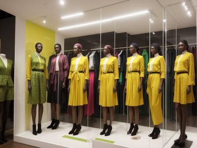 Vitrine colorida de moda com roupas sustentáveis e acessórios vibrantes, exibindo criatividade e estilo individual.