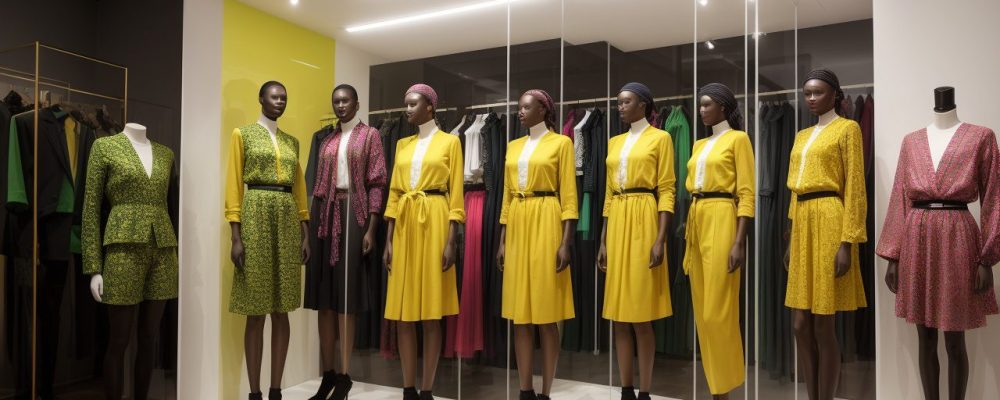 Vitrine colorida de moda com roupas sustentáveis e acessórios vibrantes, exibindo criatividade e estilo individual.