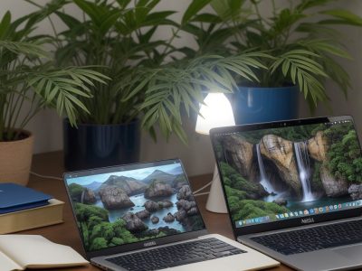 Mesa de escritório com laptop aberto exibindo modelo de relatório oficial, destacando a redação oficial e clareza na comunicação.