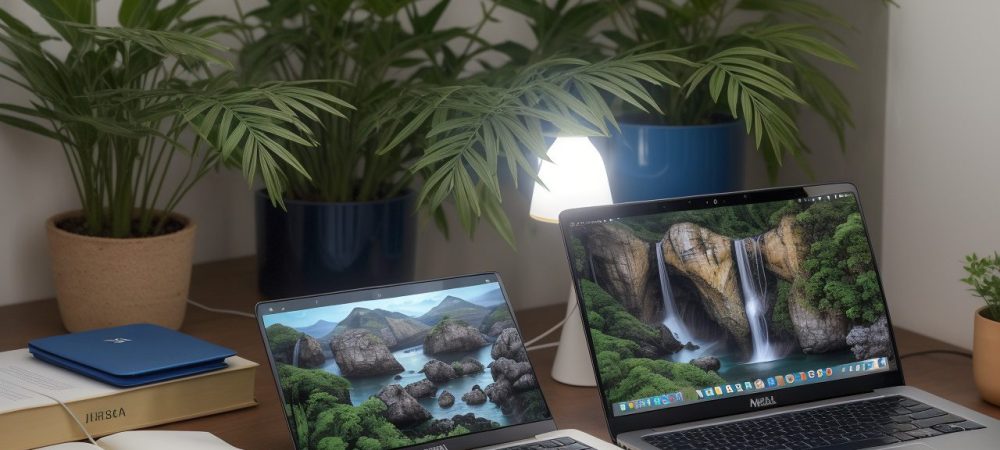 Mesa de escritório com laptop aberto exibindo modelo de relatório oficial, destacando a redação oficial e clareza na comunicação.