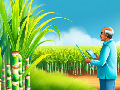 Plantação de cana-de-açúcar saudável com produtor monitorando pragas, destacando folhas verdes e caules robustos sob sol