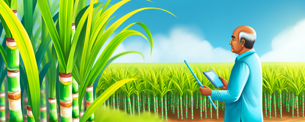 Plantação de cana-de-açúcar saudável com produtor monitorando pragas, destacando folhas verdes e caules robustos sob sol
