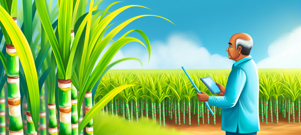 Plantação de cana-de-açúcar saudável com produtor monitorando pragas, destacando folhas verdes e caules robustos sob sol
