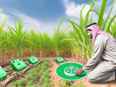 Agricultor inspeccionando plantas de cana-de-açúcar em busca de pragas, como a broca da cana, com armadilhas de feromônios ao redor.