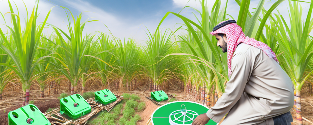 Agricultor inspeccionando plantas de cana-de-açúcar em busca de pragas, como a broca da cana, com armadilhas de feromônios ao redor.