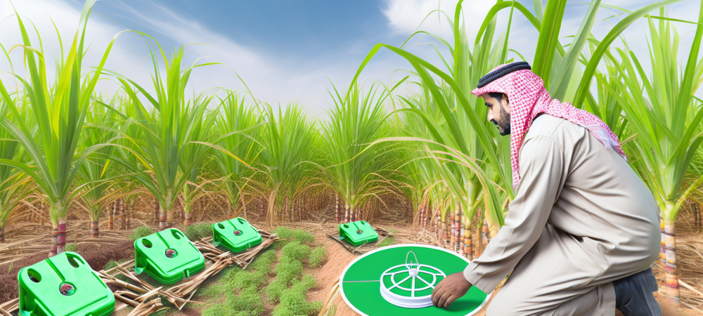Agricultor inspeccionando plantas de cana-de-açúcar em busca de pragas, como a broca da cana, com armadilhas de feromônios ao redor.