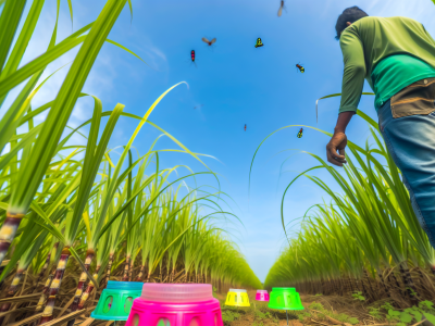 Agricultor monitora cana-de-açúcar com armadilhas de feromônio e busca por pragas como broca e cigarrinha.
