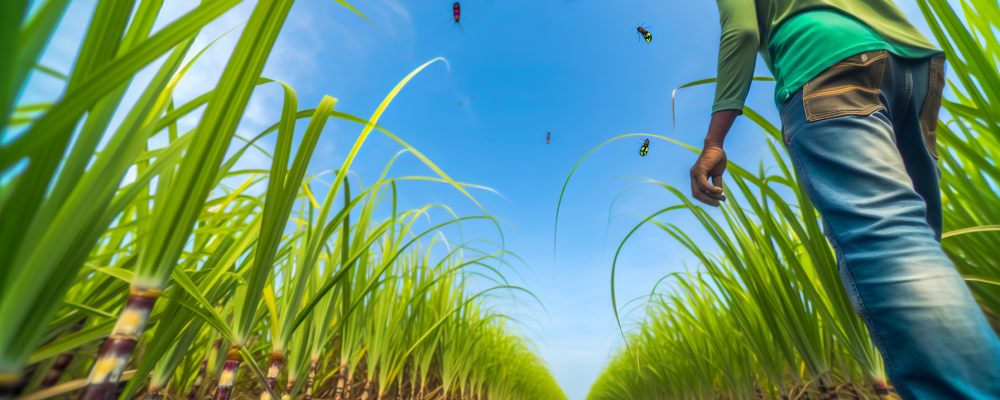 Agricultor monitora cana-de-açúcar com armadilhas de feromônio e busca por pragas como broca e cigarrinha.