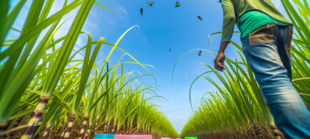Agricultor monitora cana-de-açúcar com armadilhas de feromônio e busca por pragas como broca e cigarrinha.