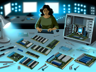 Mesa com componentes de microcomputadores e técnico trabalhando com ferramentas em ambiente iluminado por LEDs azuis