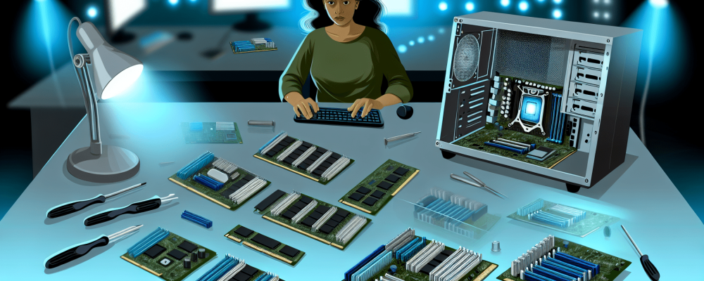 Mesa com componentes de microcomputadores e técnico trabalhando com ferramentas em ambiente iluminado por LEDs azuis