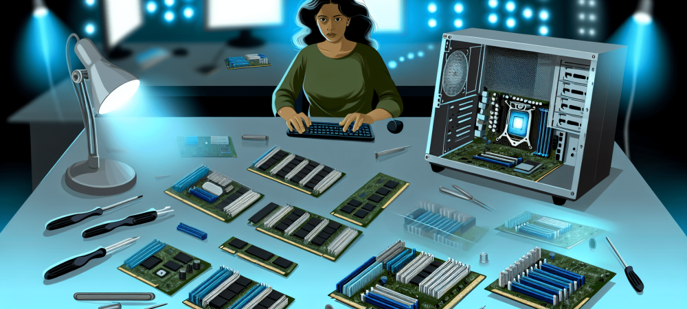 Mesa com componentes de microcomputadores e técnico trabalhando com ferramentas em ambiente iluminado por LEDs azuis