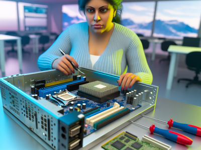 Técnico montando microcomputadores em mesa com ferramentas e componentes em ambiente tecnológico vibrante